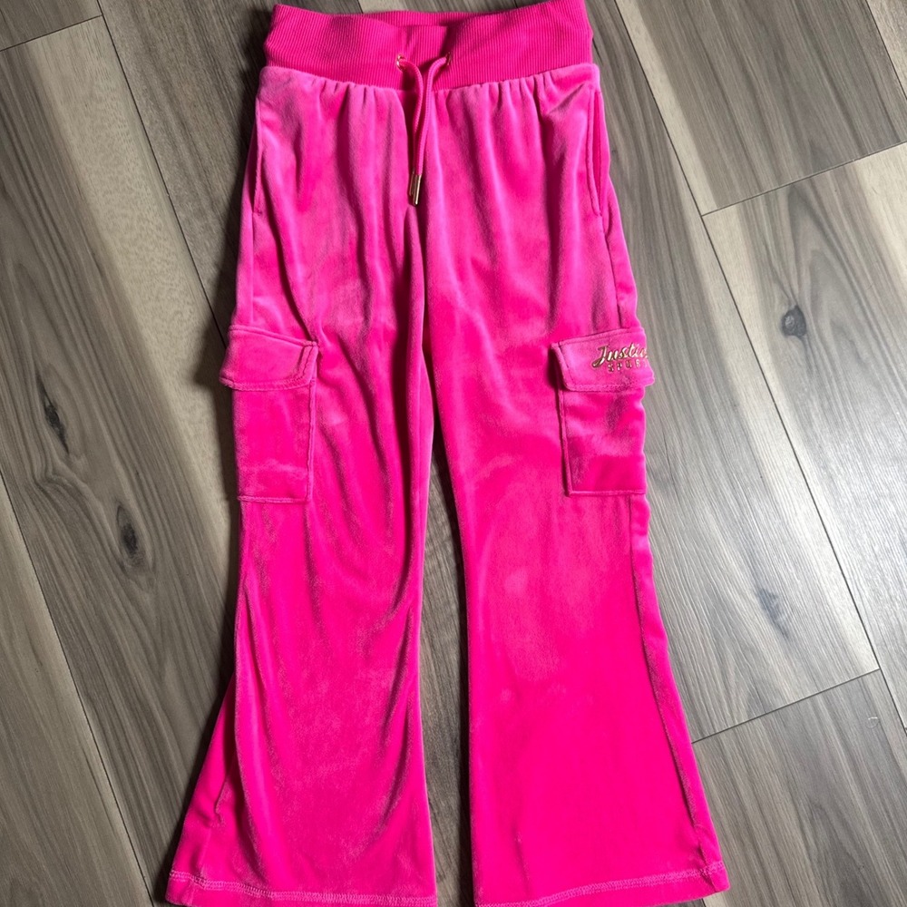 Justice Sport Girls Hot Pink Velour Cargo Flare Pants Size XS 5/6 4S9693
